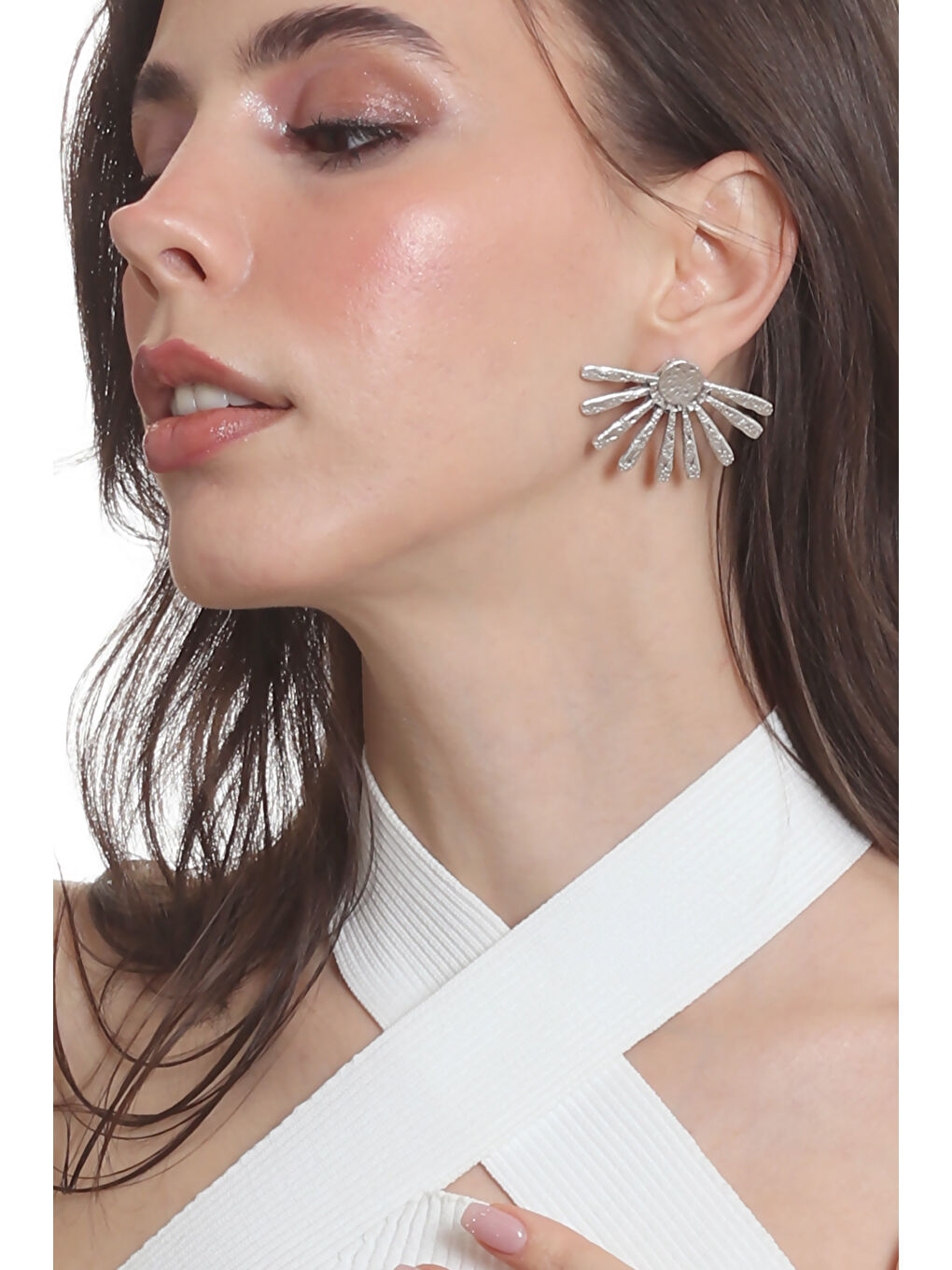 Gri Kadın Antik Gümüş Kaplama Çivili Model Güneş Formlu Küpe-1