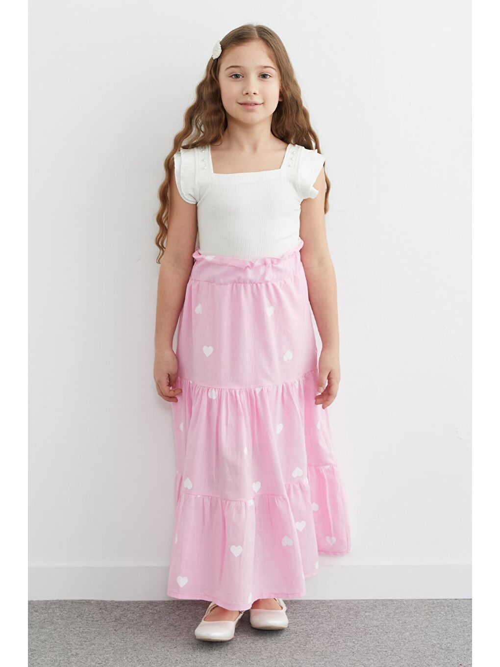 Pembe Kalp Baskılı Beli Lastikli Kız Çocuk Etek-2