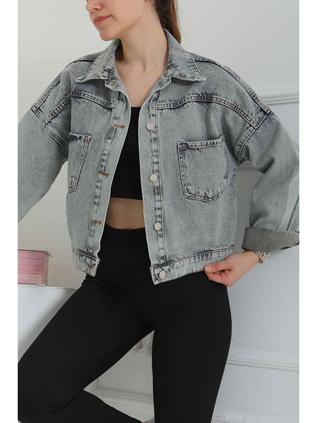 Kahverengi Kadın Çift Cepli Crop Jean Ceket Açik Kahve Tint   26573-5