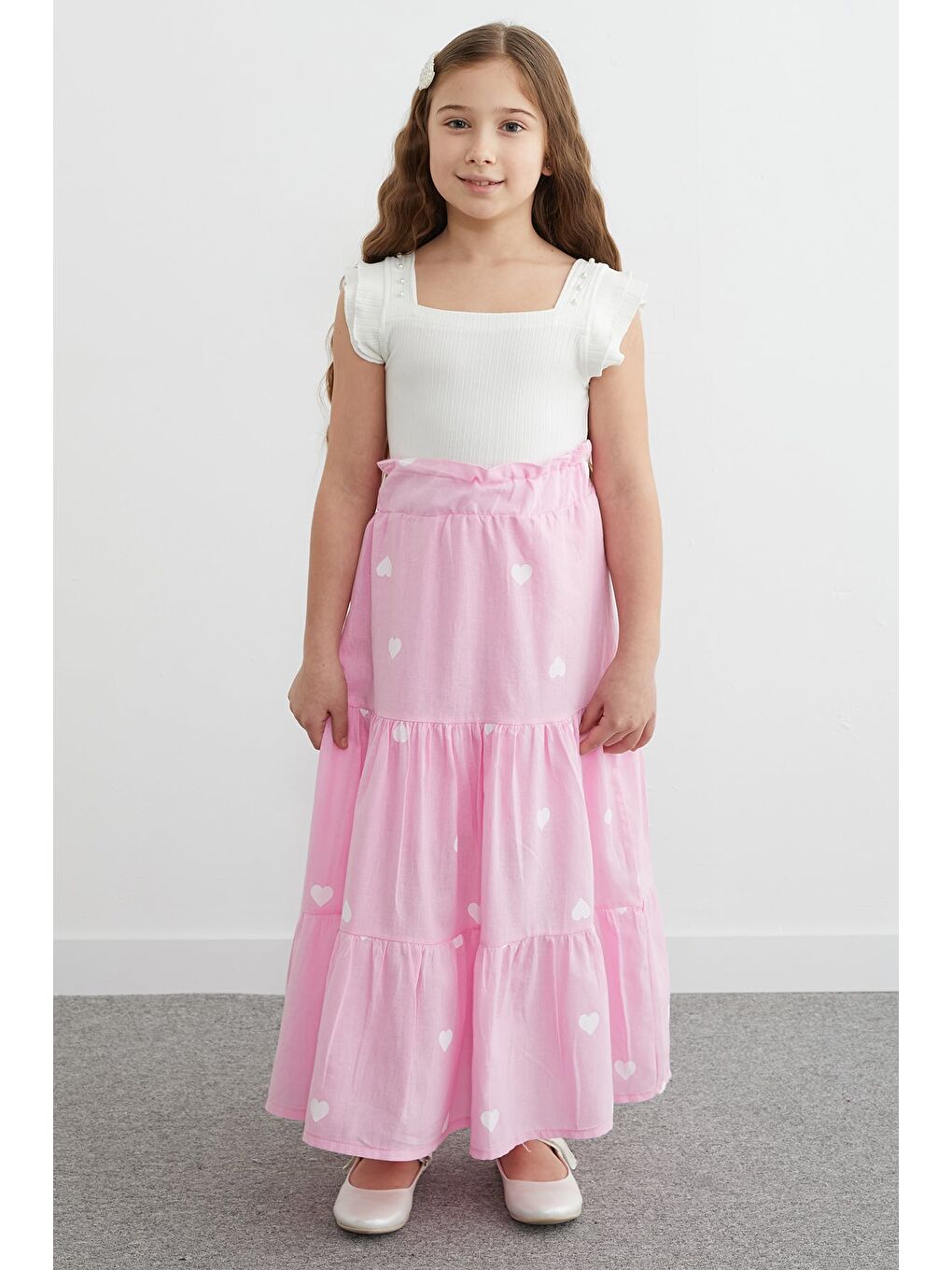 Pembe Kalp Baskılı Beli Lastikli Kız Çocuk Etek-3