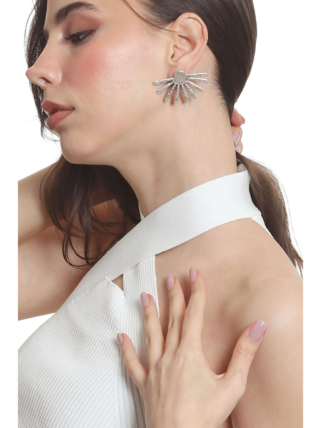 Gri Kadın Antik Gümüş Kaplama Çivili Model Güneş Formlu Küpe-5