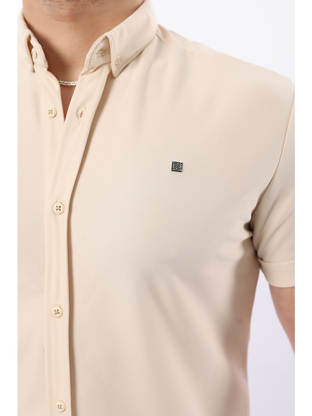 Ekru Erkek Kısa Kollu Slim Fit Yazlık Basic Gömlek-1