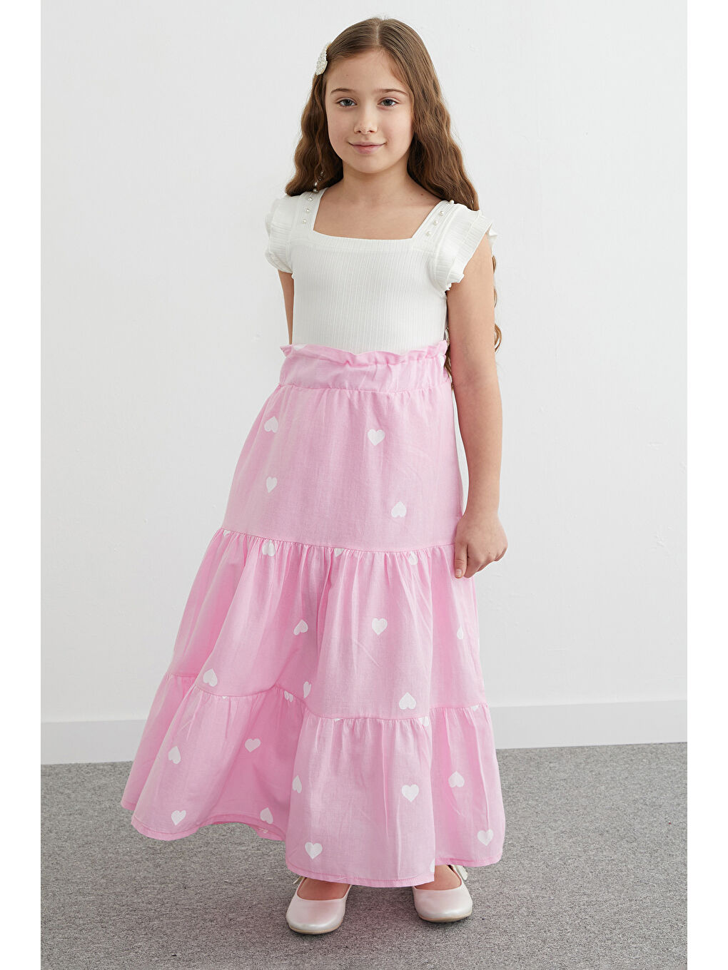 Pembe Kalp Baskılı Beli Lastikli Kız Çocuk Etek-4