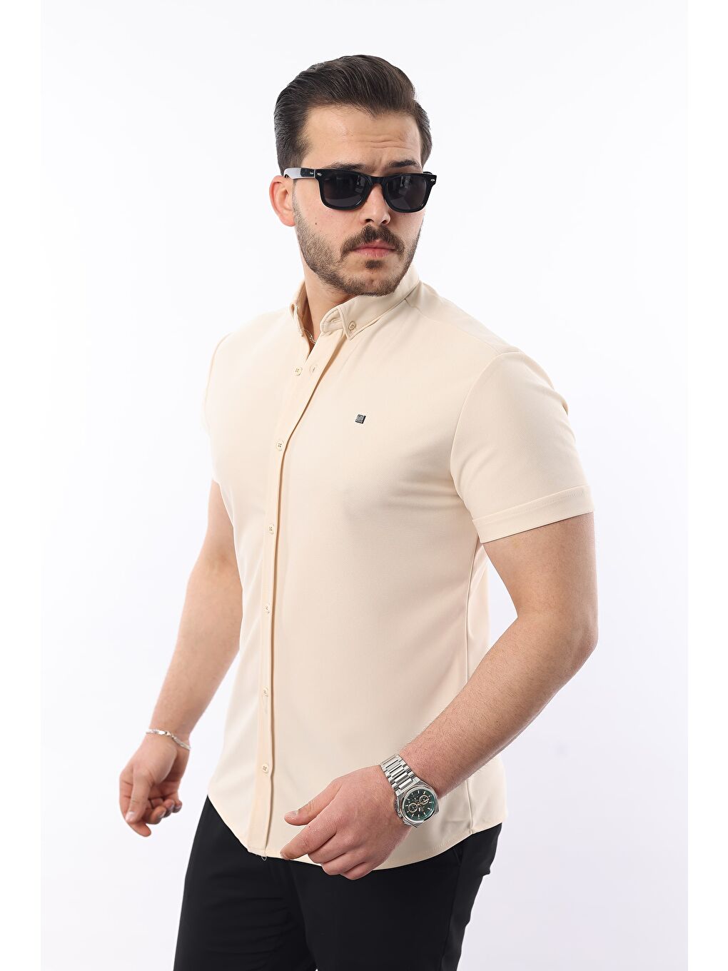 Ekru Erkek Kısa Kollu Slim Fit Yazlık Basic Gömlek-2