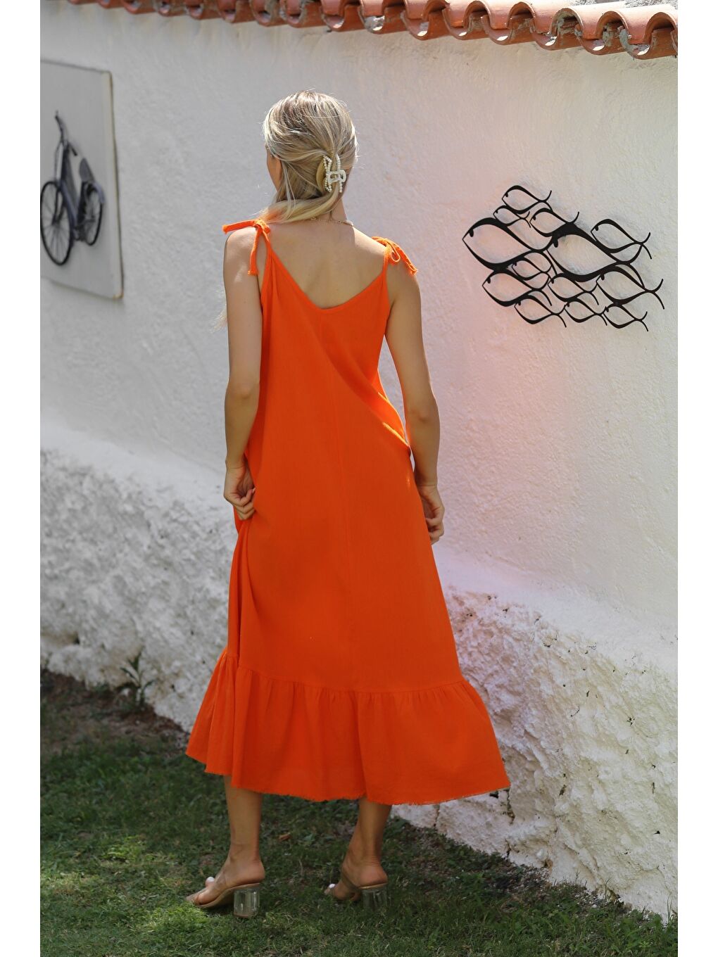 Turuncu Askılı Eteği Fırfırlı Yıkamalı Dokuma Casual Pamuklu Elbise-7