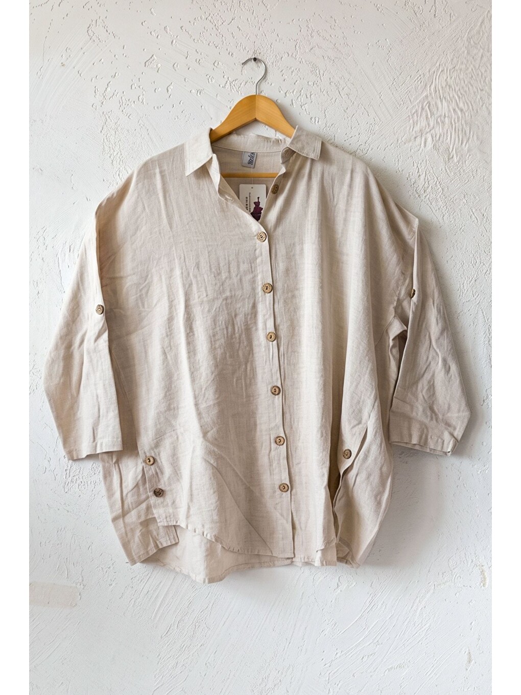Bej Gömlek Yaka 3/4 Kol Düğmeli Casual Keten Görünümlü Oversize Dokuma Gömlek 75 72-1