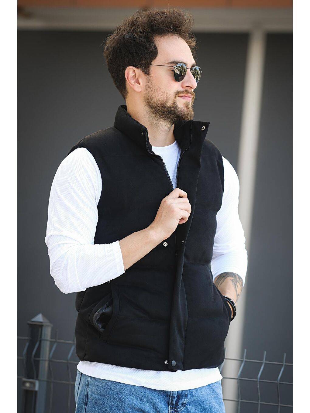 Siyah Taff Cepli Dik Yaka Dolum Erkek Şişme Süet Nubuk Yelek-2