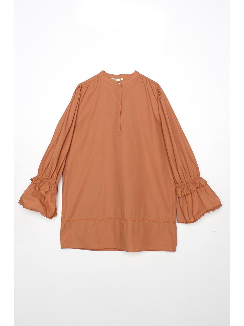 Kahverengi Tarçın %100 Pamuk Kolu Fırfırlı Fistolu Tunik-4