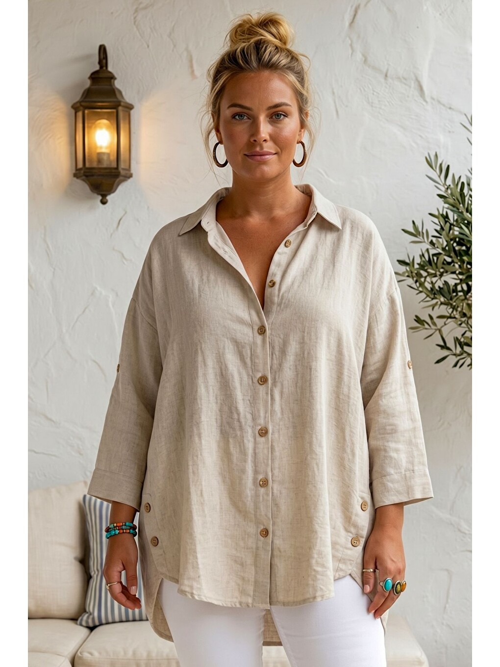Bej Gömlek Yaka 3/4 Kol Düğmeli Casual Keten Görünümlü Oversize Dokuma Gömlek 75 72-2