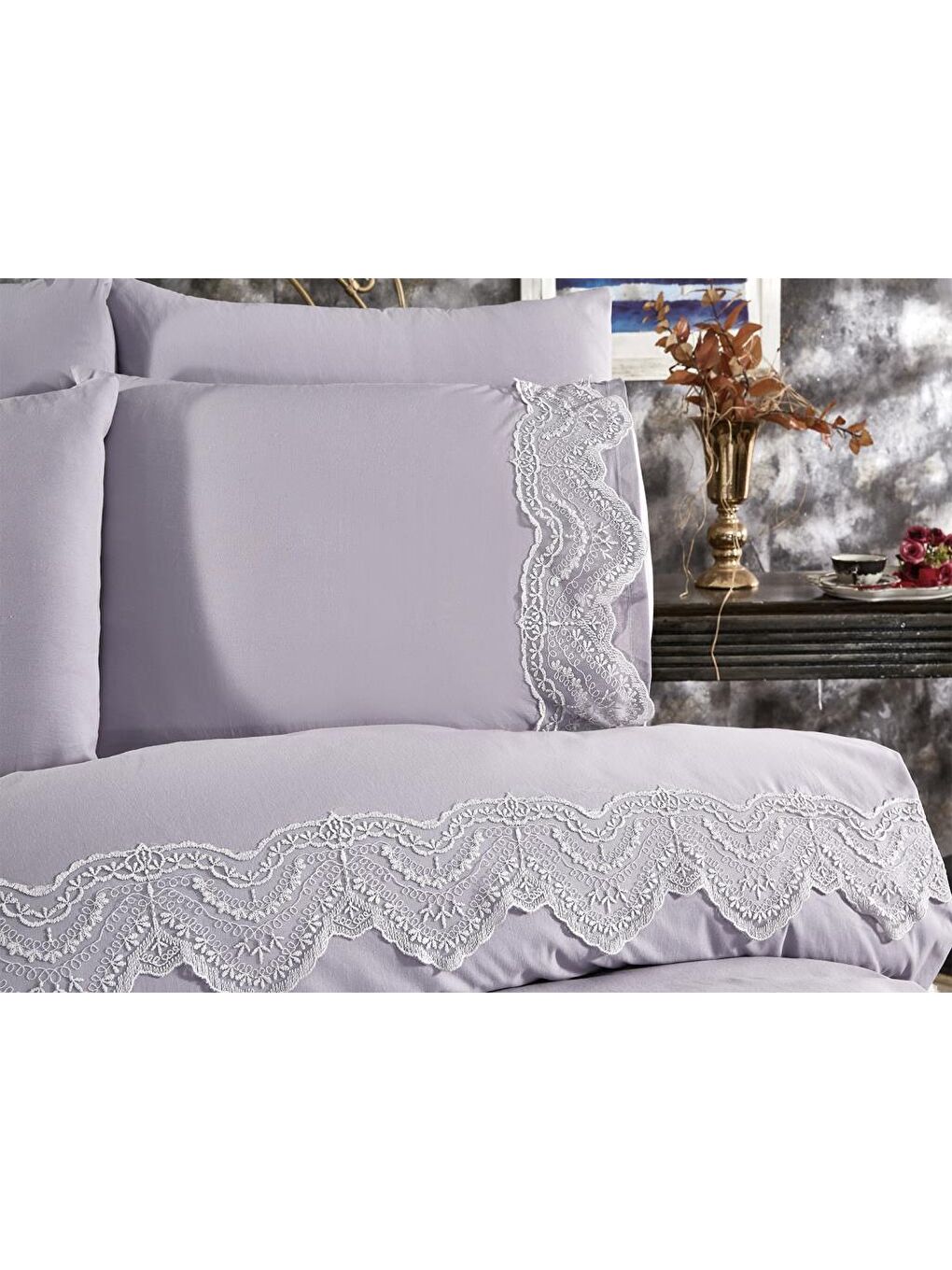 Karışık Fransız Dantelli Hanzade Çeyizlik Nevresim Takımı Gri-3