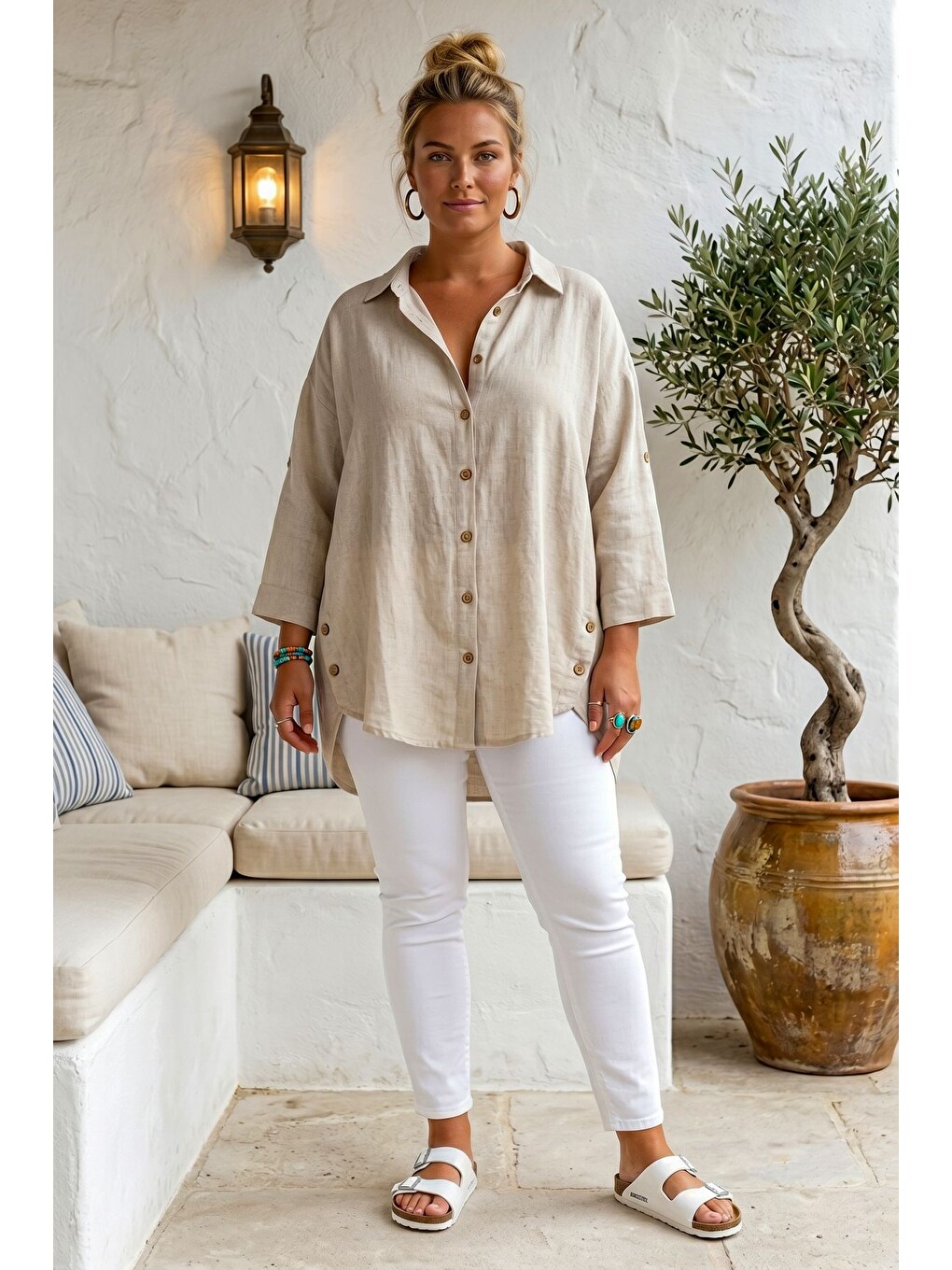 Bej Gömlek Yaka 3/4 Kol Düğmeli Casual Keten Görünümlü Oversize Dokuma Gömlek 75 72-4