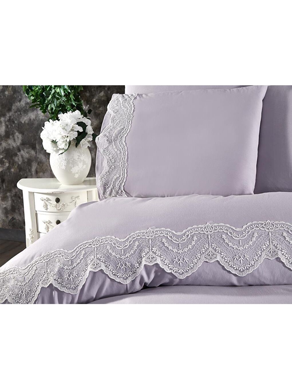 Karışık Fransız Dantelli Hanzade Çeyizlik Nevresim Takımı Gri-4