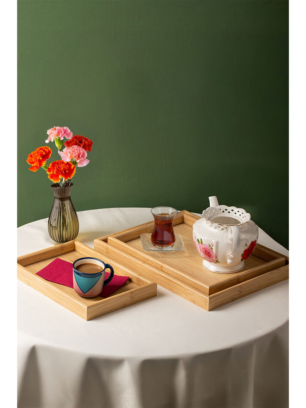 Kahverengi 130105043 Ahşap Tepsi 3lü Set Çay Kahve Bambu Sunumu Tepsi Seti-1