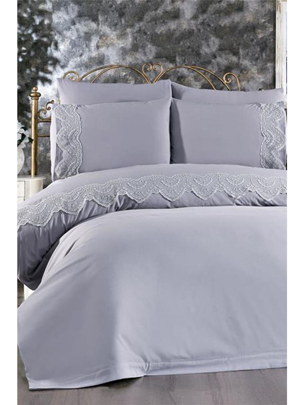 Karışık Fransız Dantelli Hanzade Çeyizlik Nevresim Takımı Gri-5
