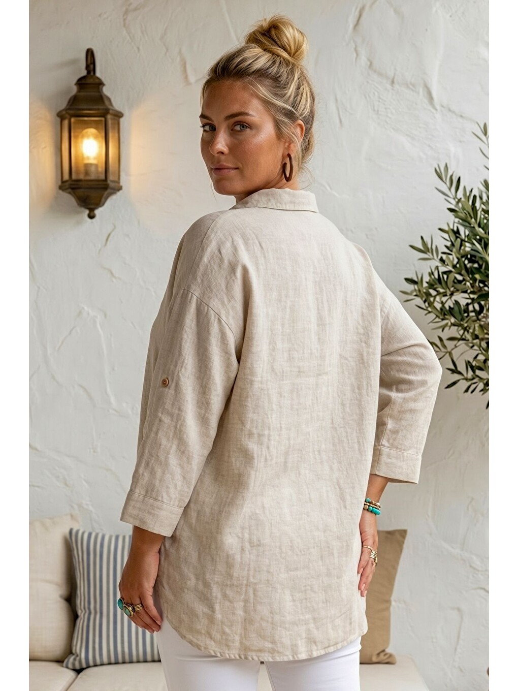 Bej Gömlek Yaka 3/4 Kol Düğmeli Casual Keten Görünümlü Oversize Dokuma Gömlek 75 72-6
