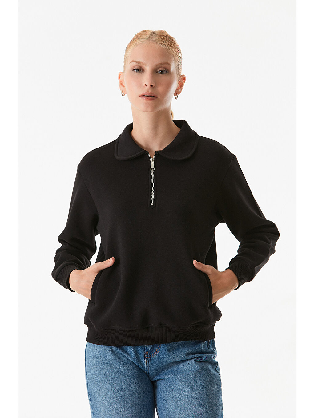 Fullamoda Siyah Basic Polo Yaka Cepli Sweatshirt