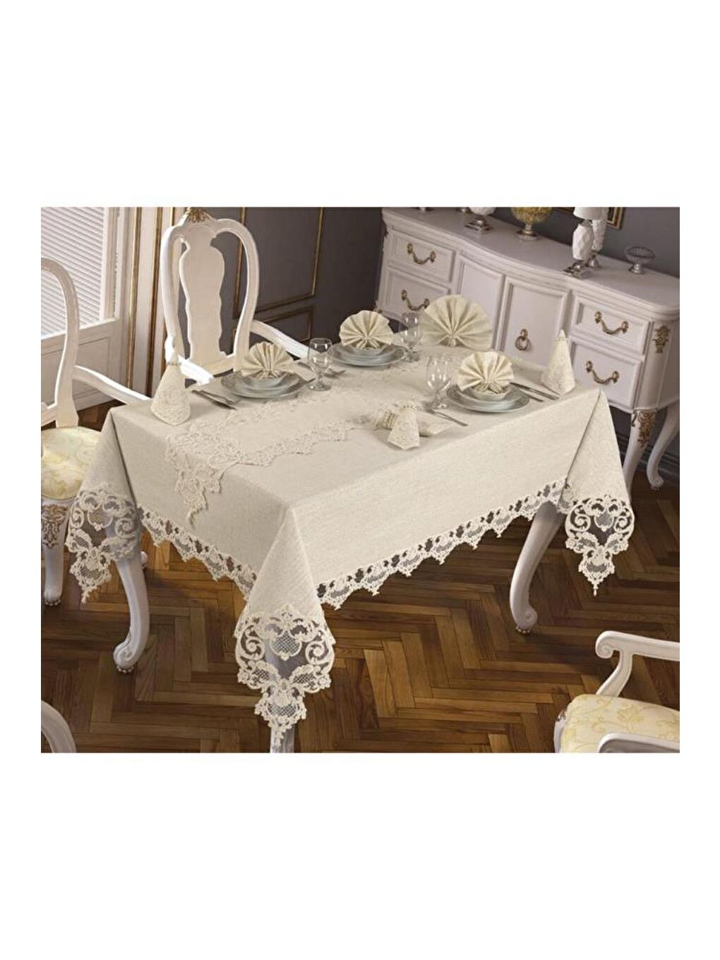 Ekru Duru Masa Örtüsü 160x260 Cm 26 Parça Krem-2