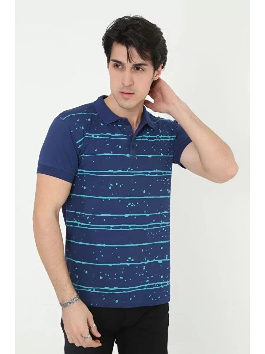 Erkek Yakalı Slim Fit Pike Çizgili T-Shirt - Mavi