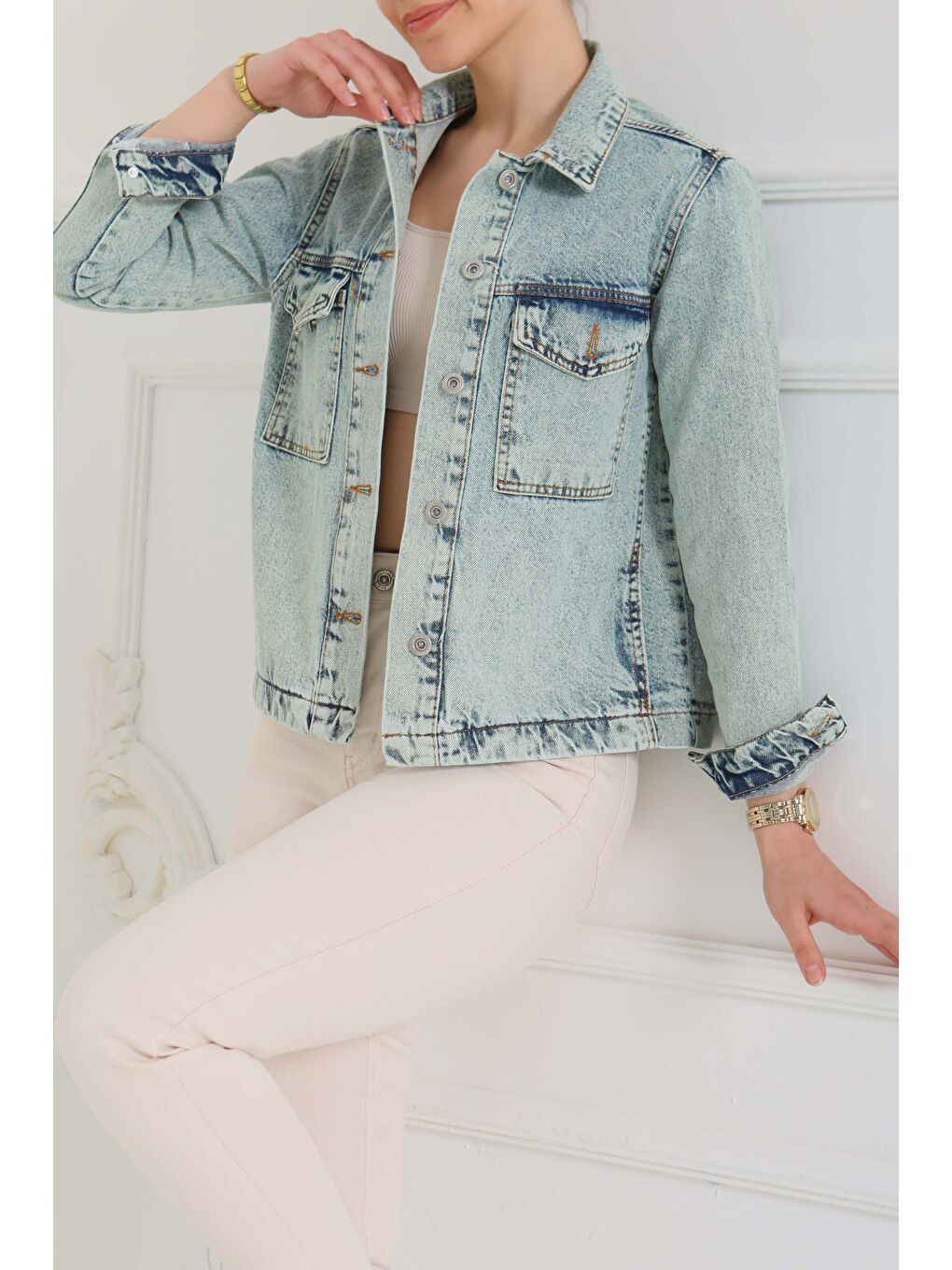 Yeşil Cepli Kısa Jean Ceket Mint   26577