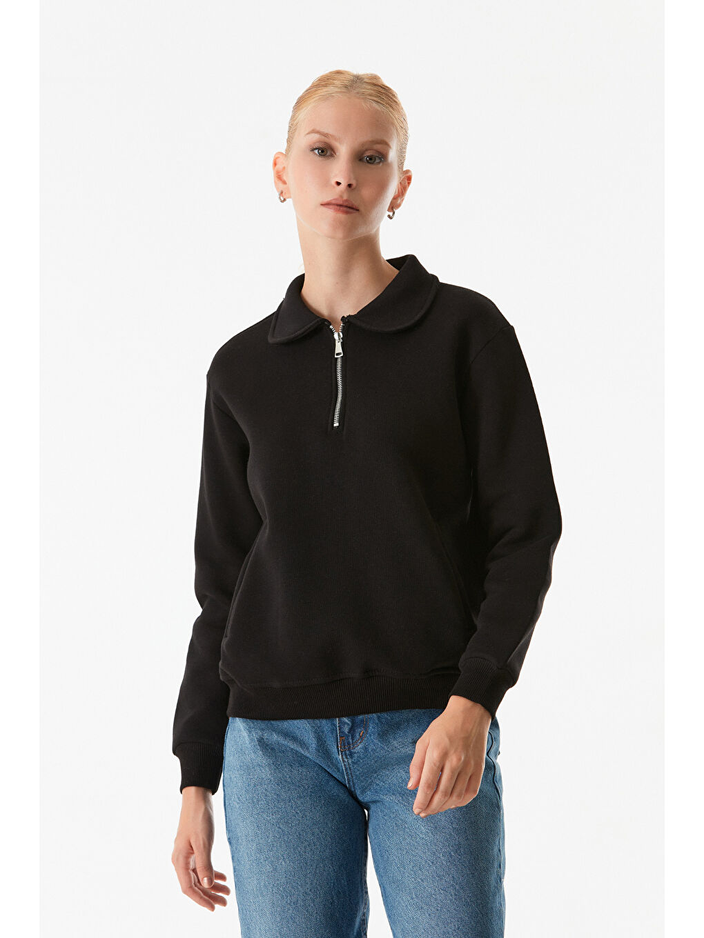 Fullamoda Siyah Basic Polo Yaka Cepli Sweatshirt - 1