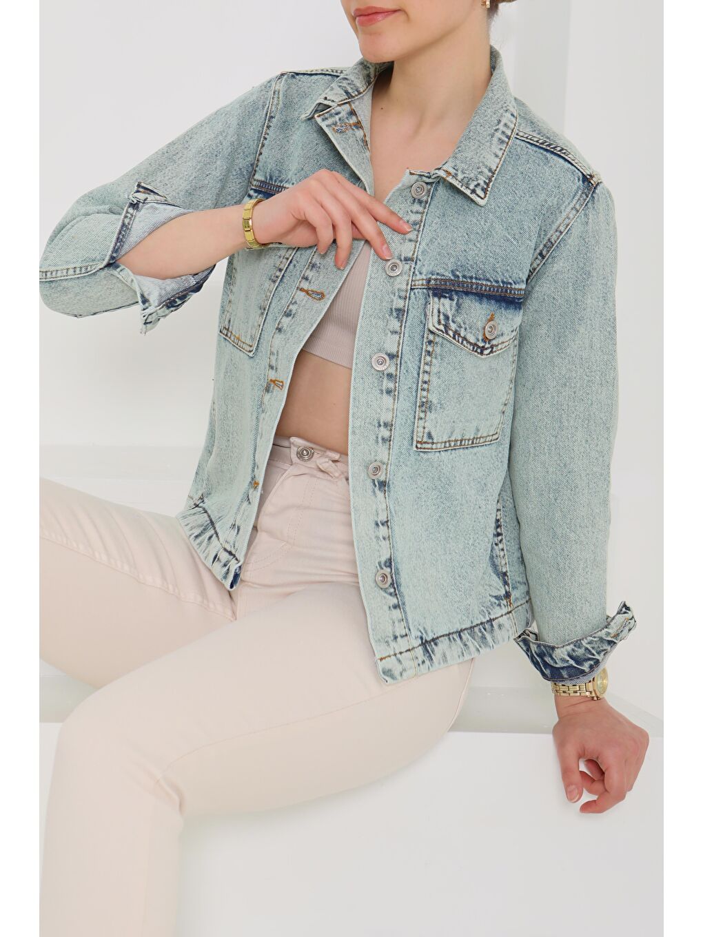 Yeşil Cepli Kısa Jean Ceket Mint   26577-1