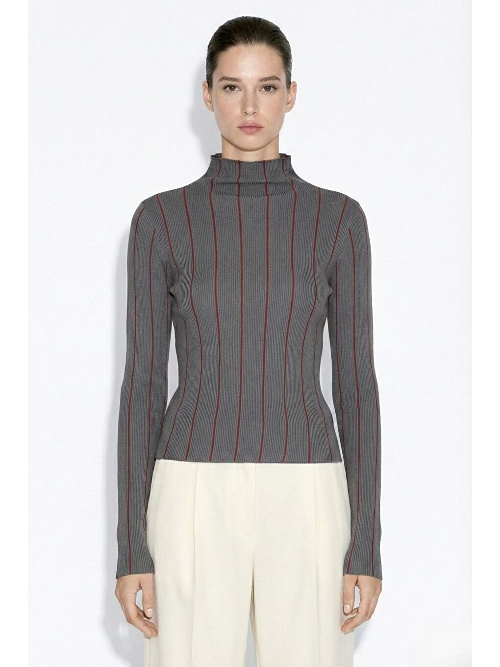 Antrasit-bordo Dik Yaka Antrasit Bordo Çizgili Triko Kazak