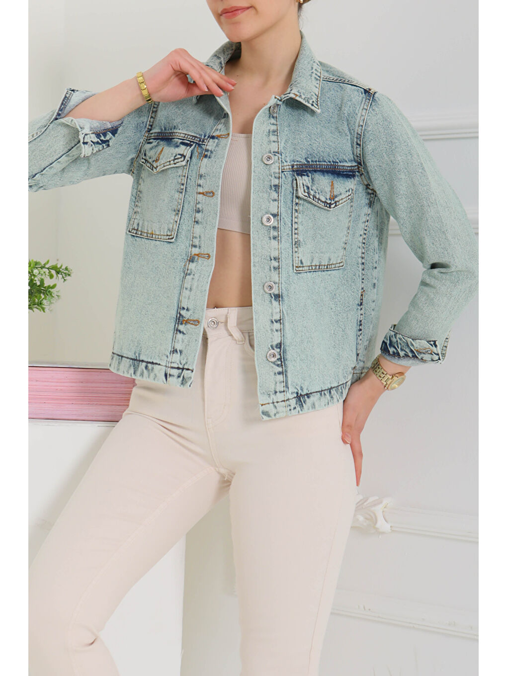 Yeşil Cepli Kısa Jean Ceket Mint   26577-2