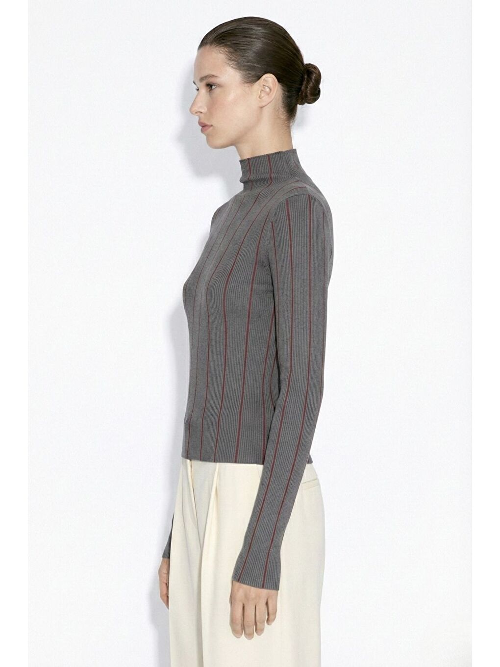 Antrasit-bordo Dik Yaka Antrasit Bordo Çizgili Triko Kazak-1