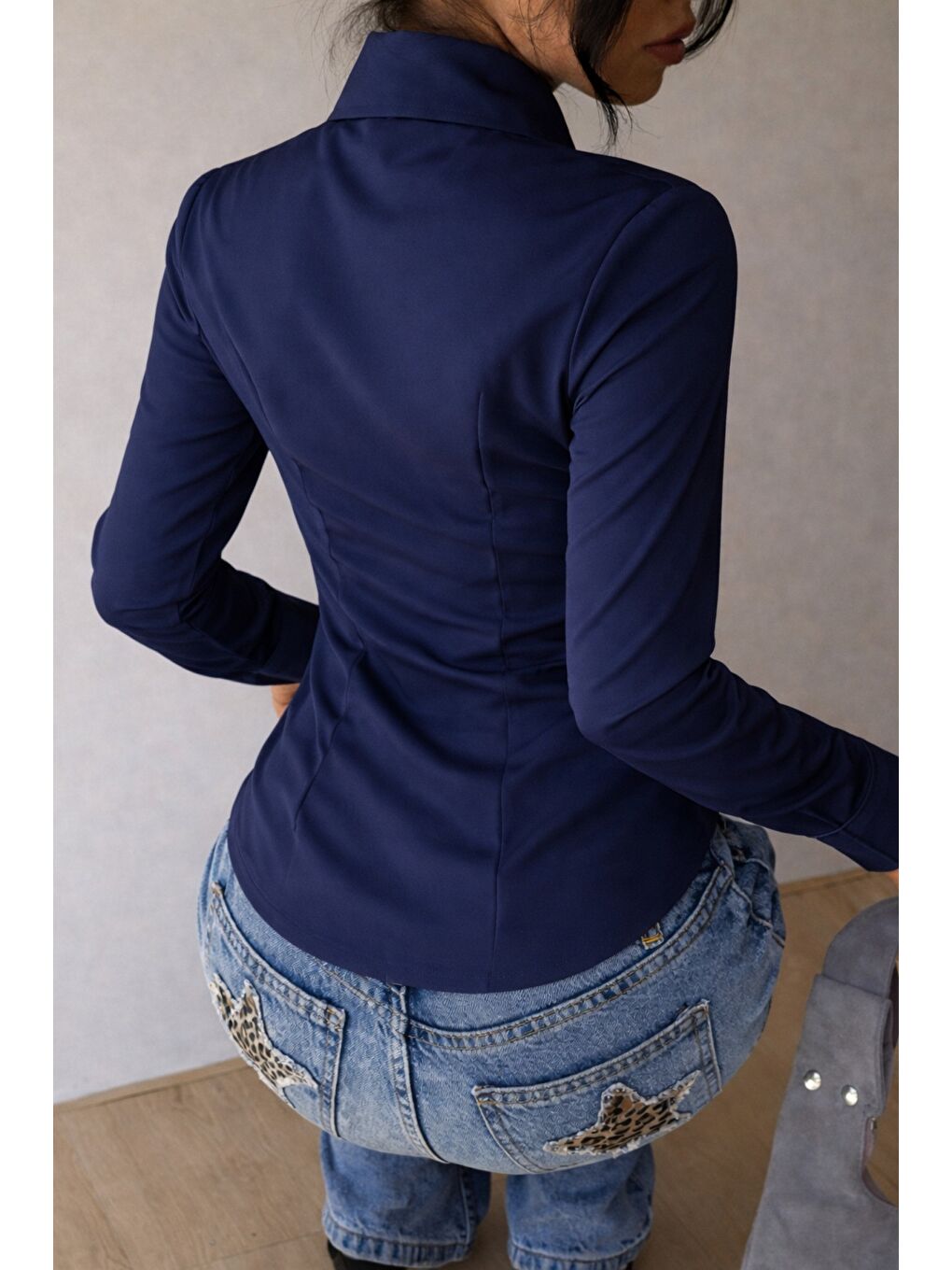 Lacivert Kadın Premium Gömlek Slim Fit Uzun Kollu Ofis Günlük Kombin Basic Klasik Gömlek-1