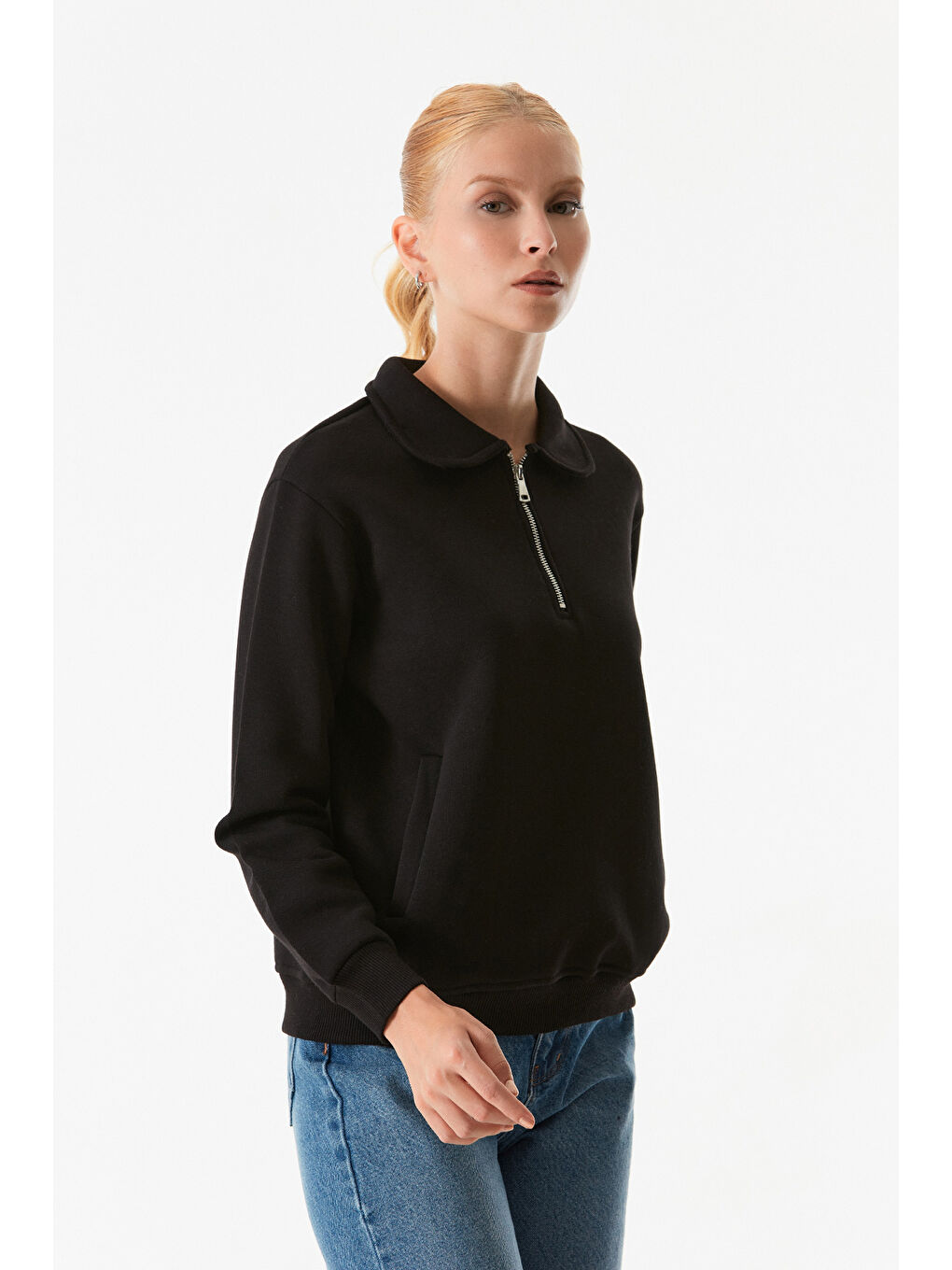 Fullamoda Siyah Basic Polo Yaka Cepli Sweatshirt - 4