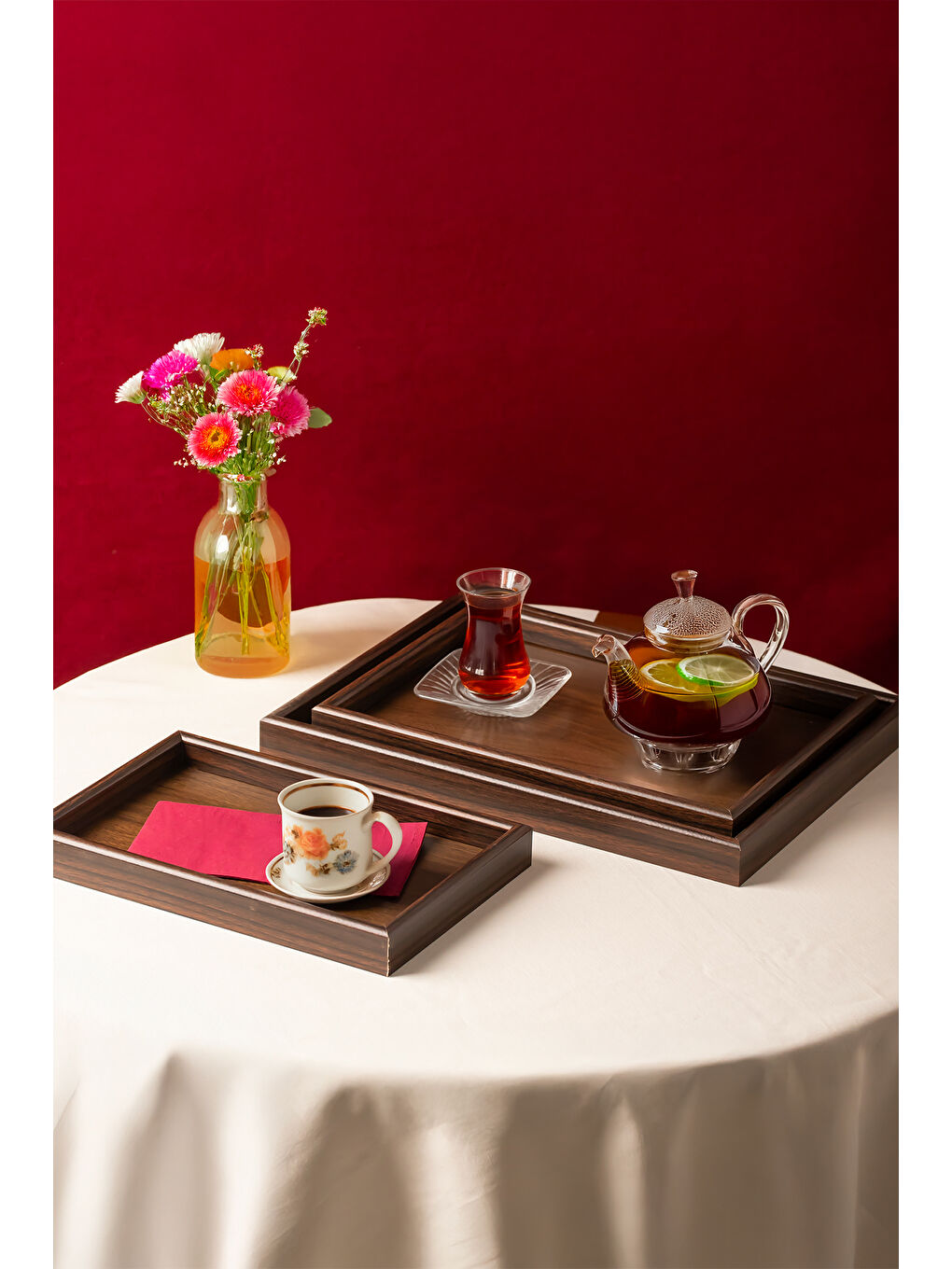 Kahverengi 130105044 Ahşap Tepsi 3lü Set Çay Kahve Bambu Sunumu Tepsi Seti-1