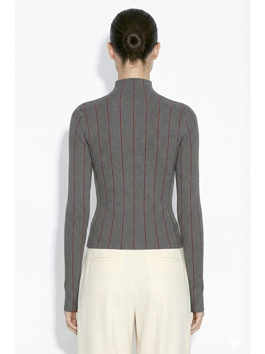 Antrasit-bordo Dik Yaka Antrasit Bordo Çizgili Triko Kazak-2