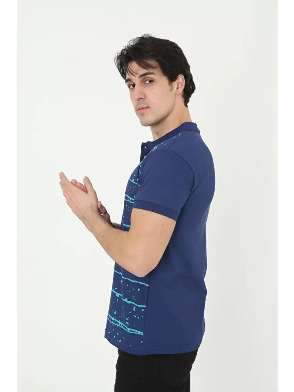 Erkek Yakalı Slim Fit Pike Çizgili T-Shirt - Mavi-2
