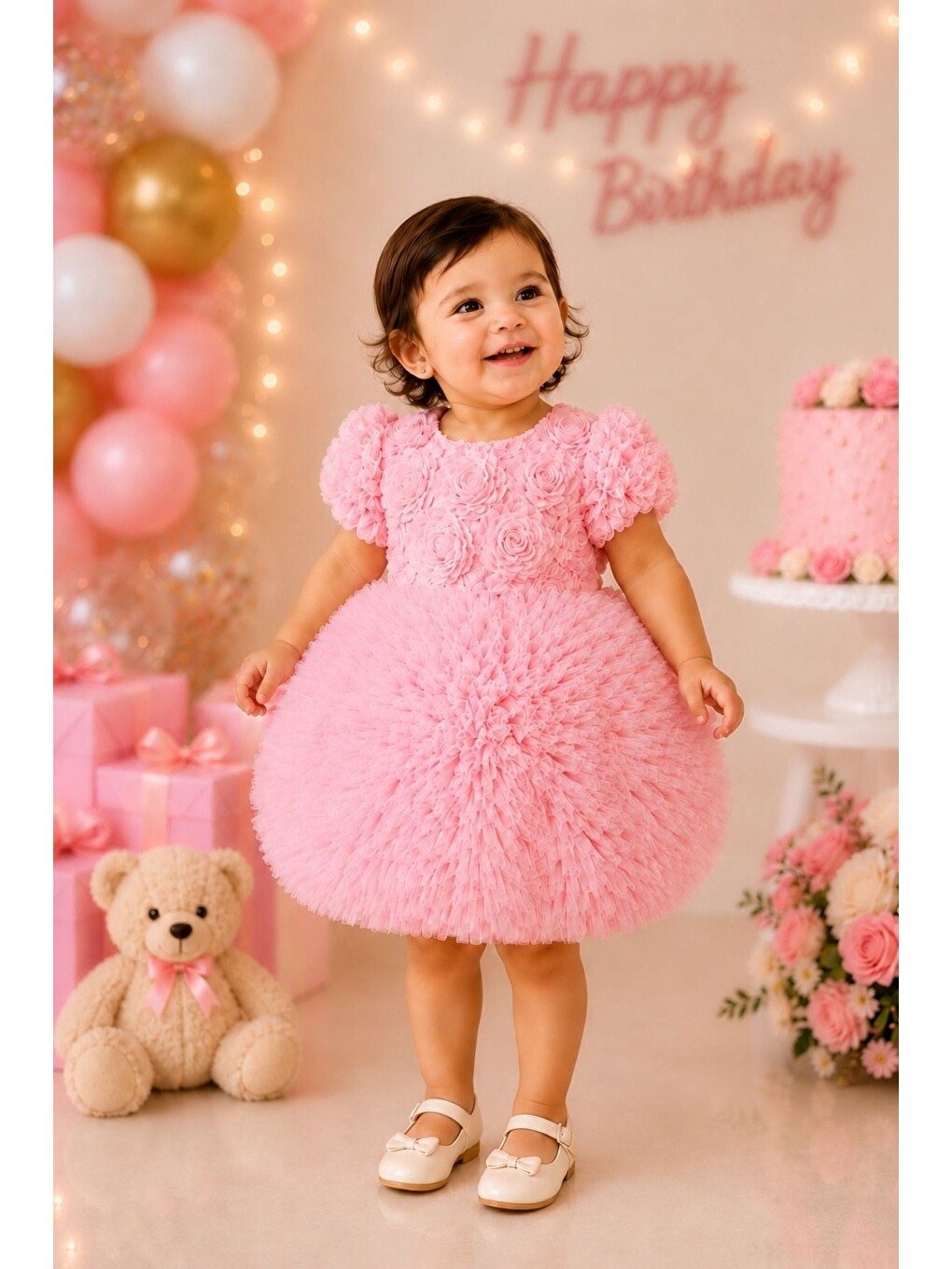 Pembe Kız Bebek 3d Gül Aplikeli Kabarık Tüllü Tütülü Payetli Elbise