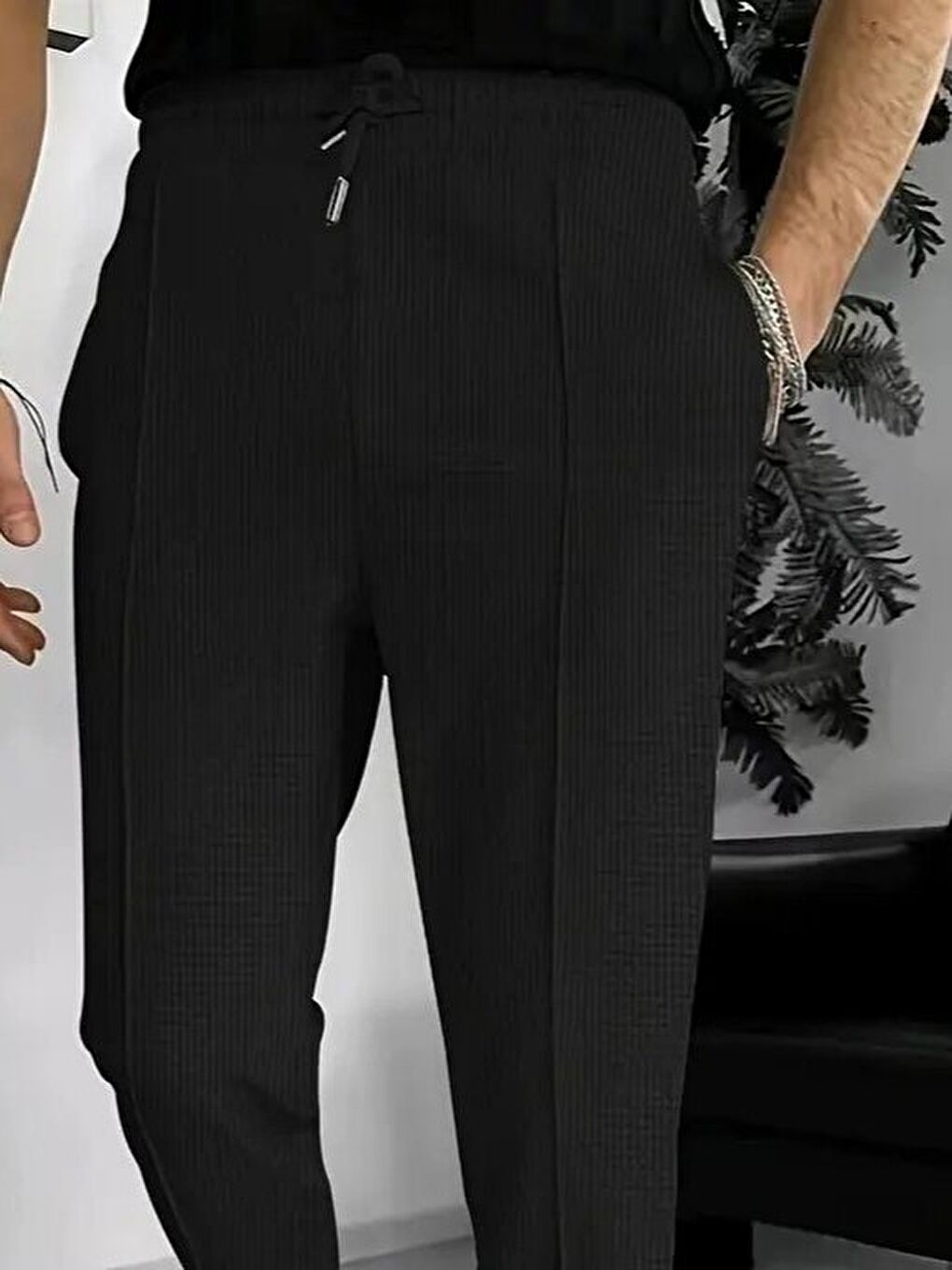 Siyah Erkek Yüksek Bel önden Bağcıklı Cepli Waffle Pantolon-1