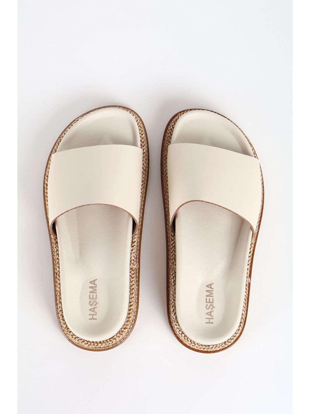 Ekru Kadın Hasır Detaylı Krem Terlik 3073-3