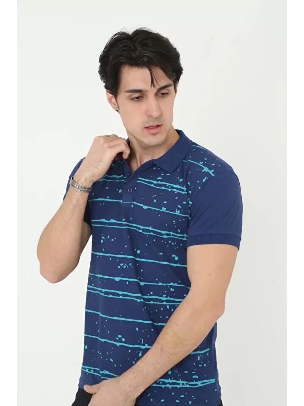 Erkek Yakalı Slim Fit Pike Çizgili T-Shirt - Mavi-3