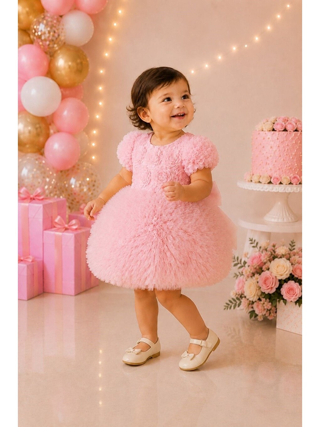 Pembe Kız Bebek 3d Gül Aplikeli Kabarık Tüllü Tütülü Payetli Elbise-2
