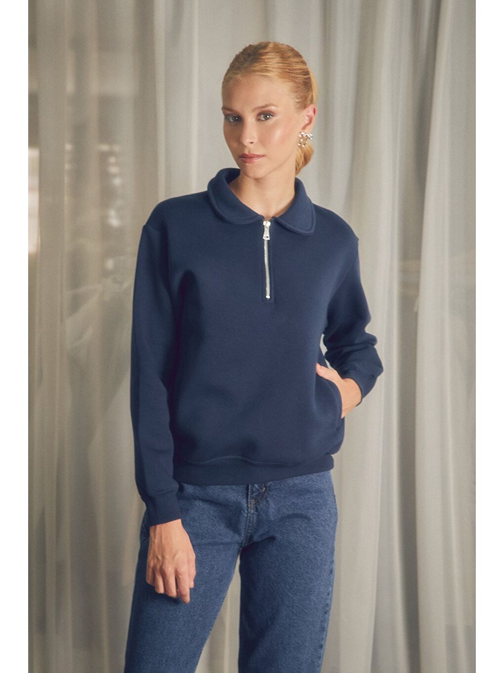 Fullamoda Lacivert Basic Polo Yaka Cepli Sweatshirt