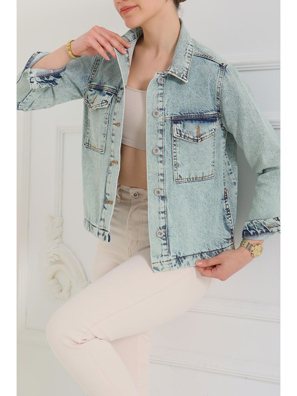 Yeşil Cepli Kısa Jean Ceket Mint   26577-3