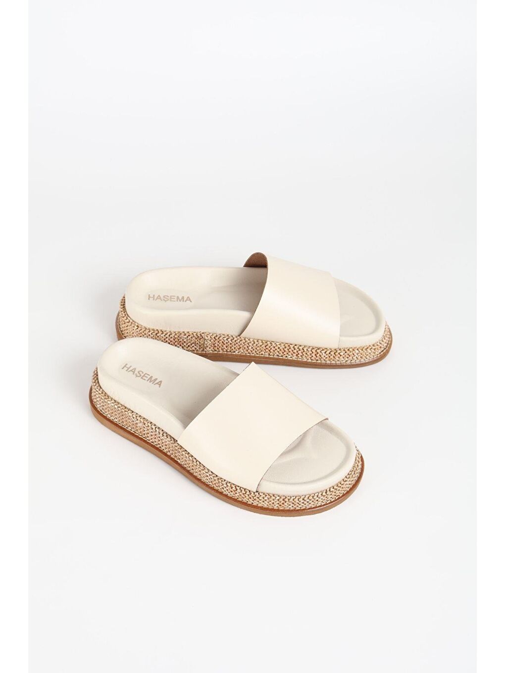 Ekru Kadın Hasır Detaylı Krem Terlik 3073-5