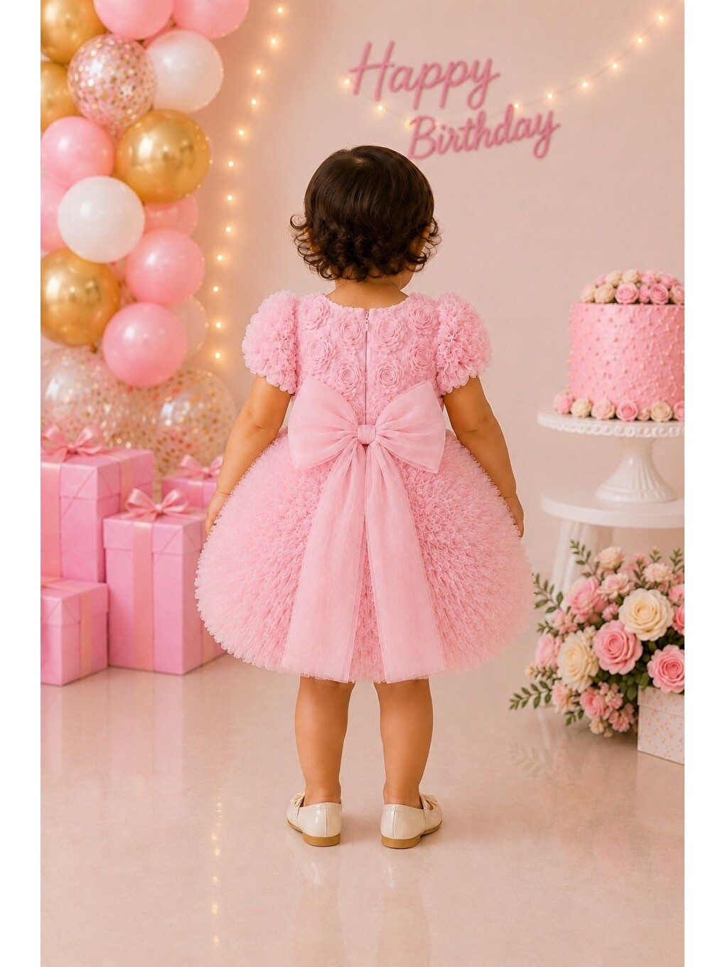 Pembe Kız Bebek 3d Gül Aplikeli Kabarık Tüllü Tütülü Payetli Elbise-3