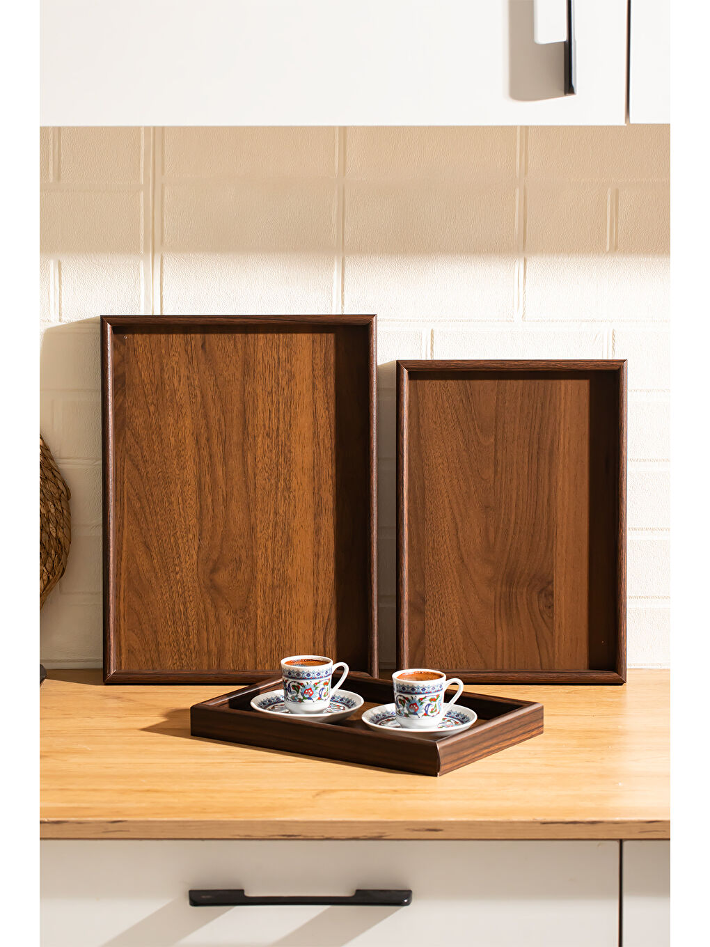 Kahverengi 130105044 Ahşap Tepsi 3lü Set Çay Kahve Bambu Sunumu Tepsi Seti-2