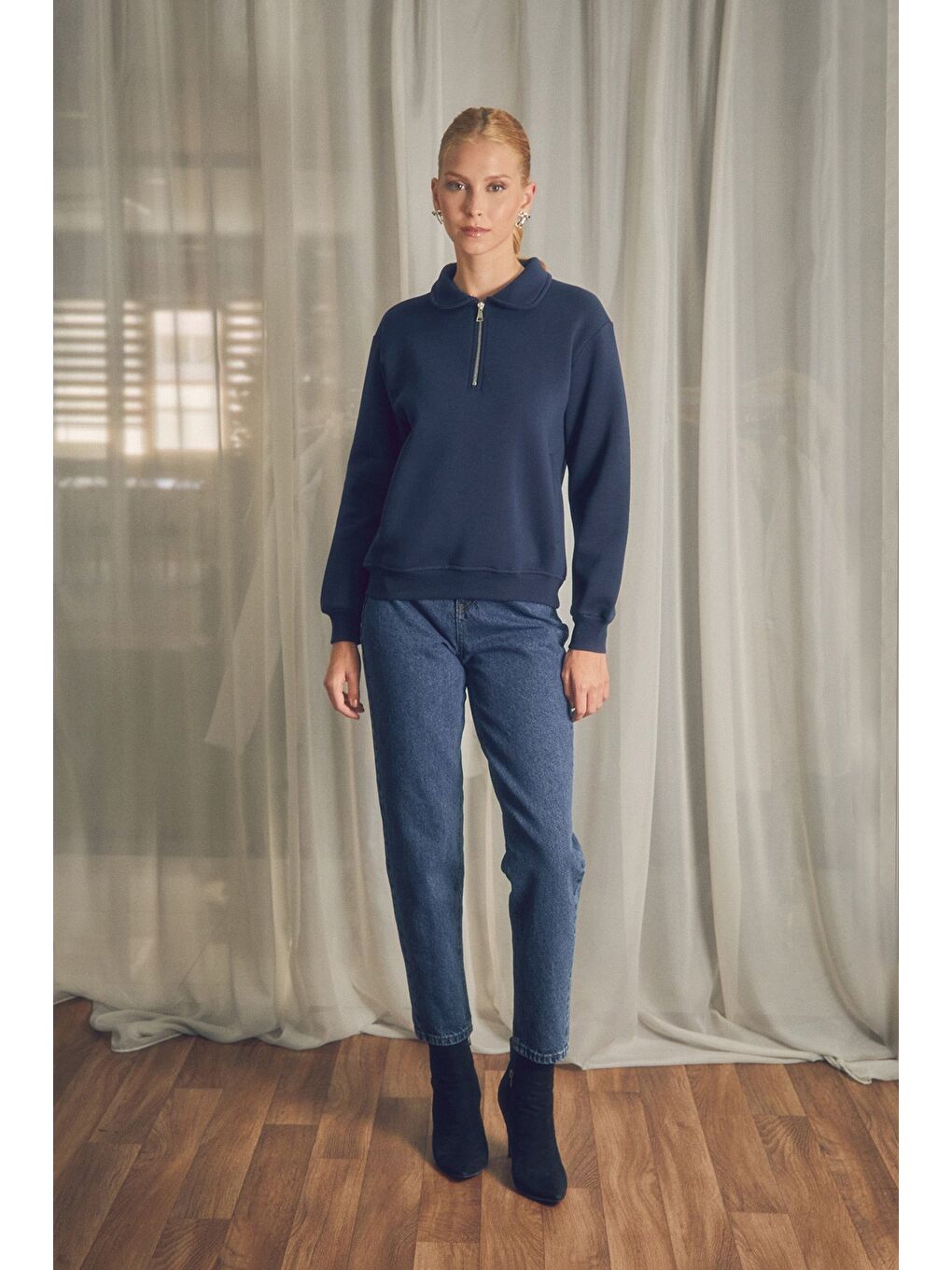 Fullamoda Lacivert Basic Polo Yaka Cepli Sweatshirt - 1