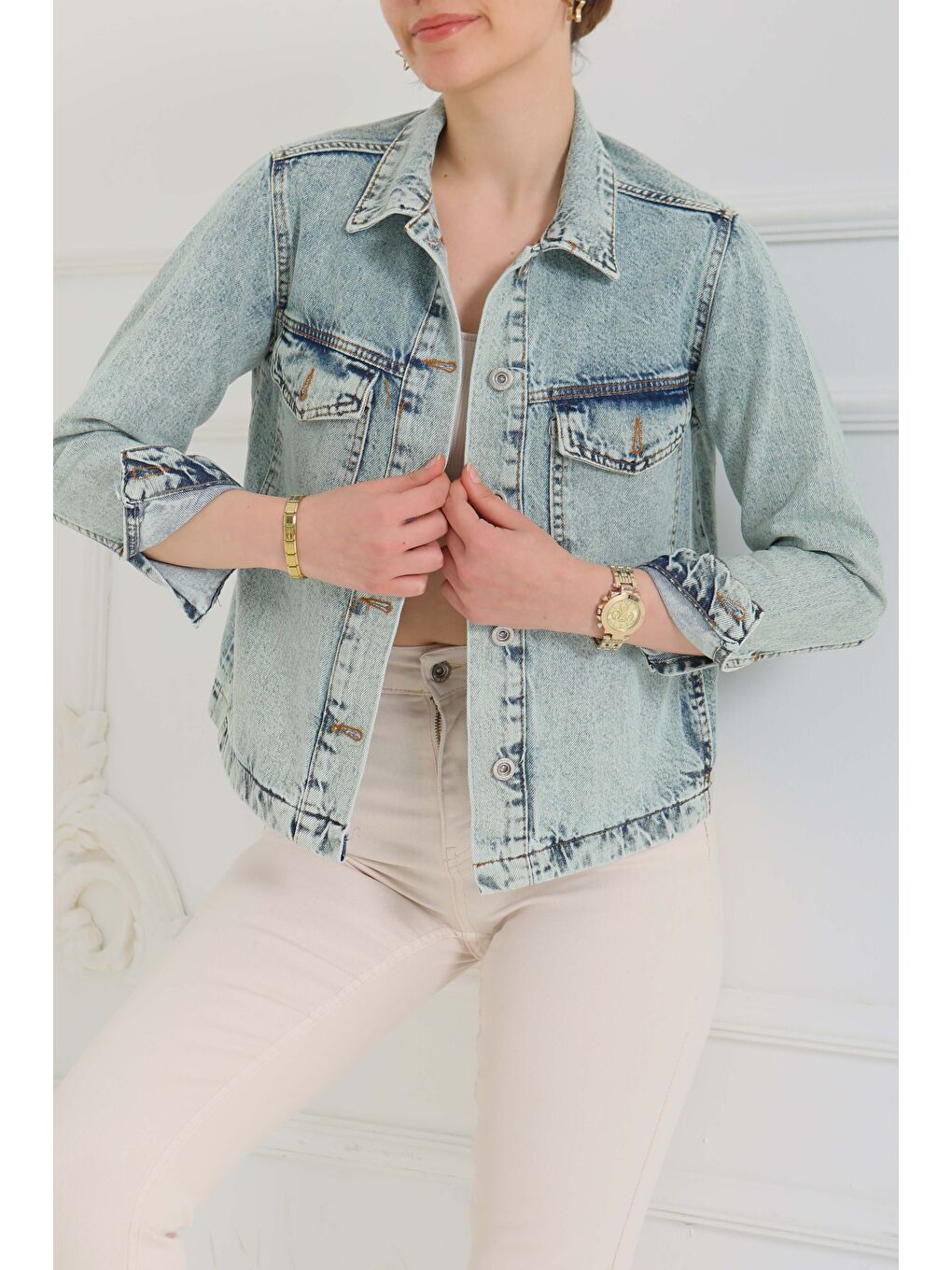 Yeşil Cepli Kısa Jean Ceket Mint   26577-5