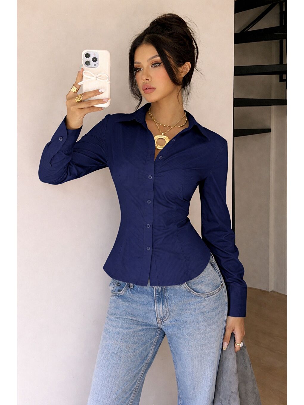 Lacivert Kadın Premium Gömlek Slim Fit Uzun Kollu Ofis Günlük Kombin Basic Klasik Gömlek-2