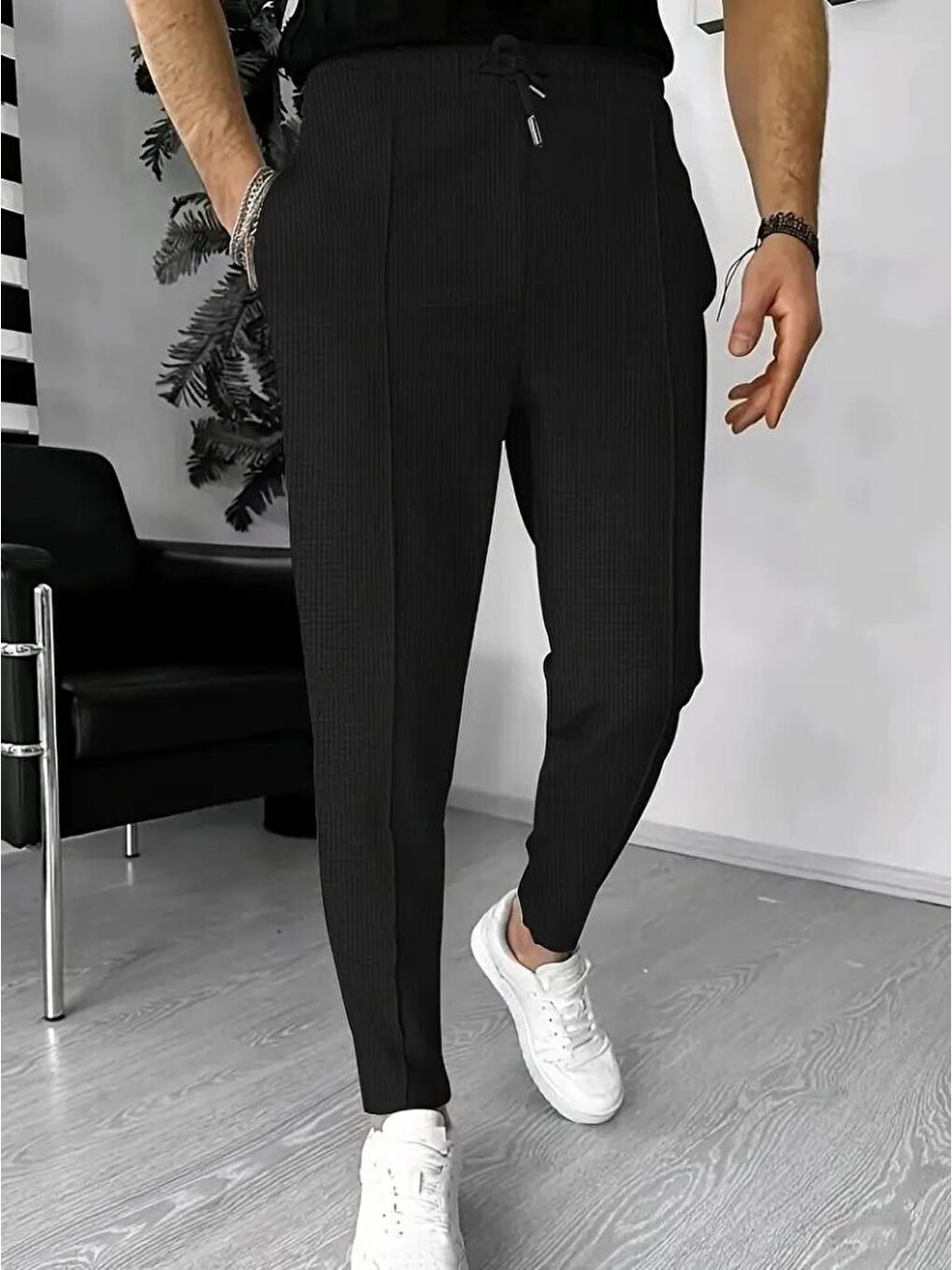 Siyah Erkek Yüksek Bel önden Bağcıklı Cepli Waffle Pantolon-2