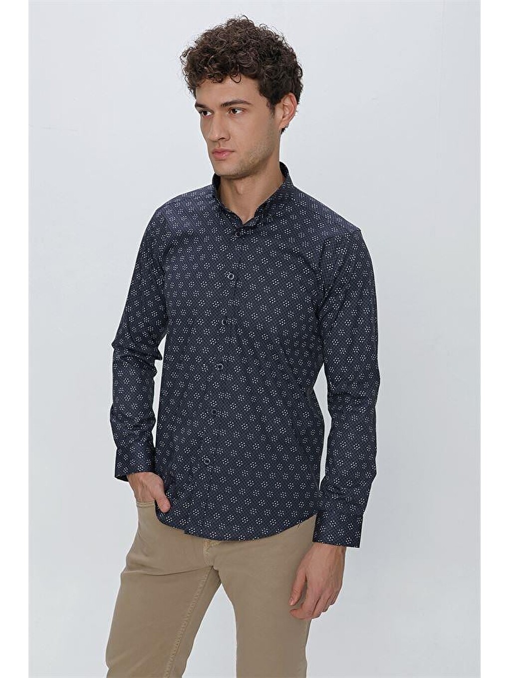 Koyu Lacivert Uzun Kol Klasik Slim Fit Pamuklu Elastanlı Gömlek 1004225244