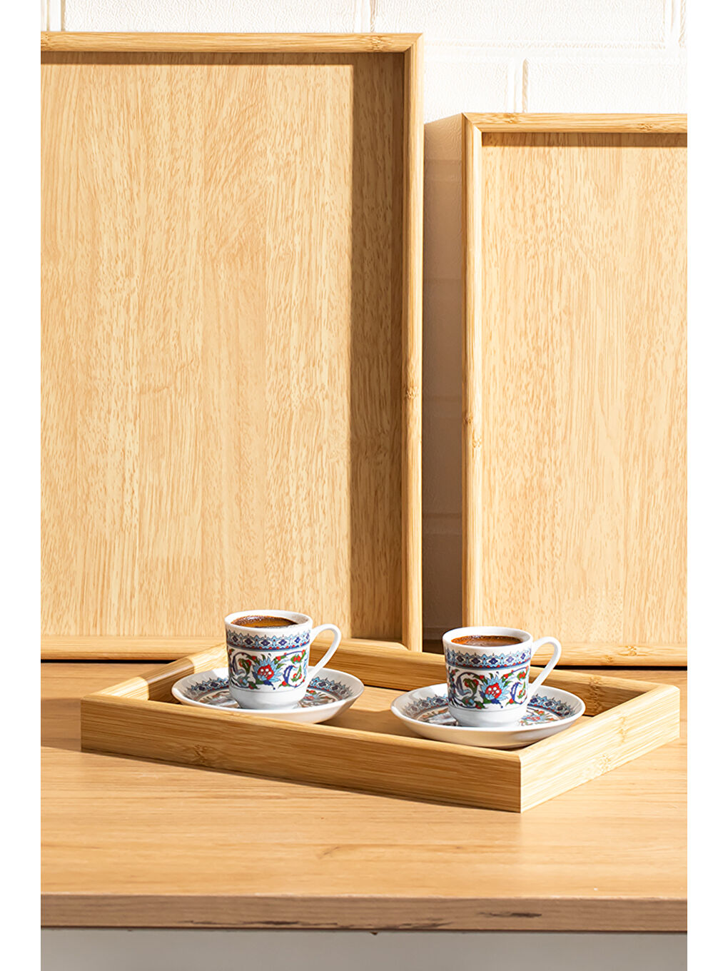 Kahverengi 130105043 Ahşap Tepsi 3lü Set Çay Kahve Bambu Sunumu Tepsi Seti-2