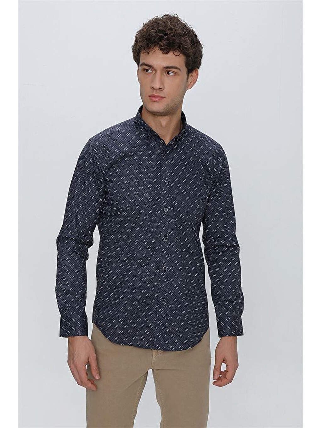 Koyu Lacivert Uzun Kol Klasik Slim Fit Pamuklu Elastanlı Gömlek 1004225244-2